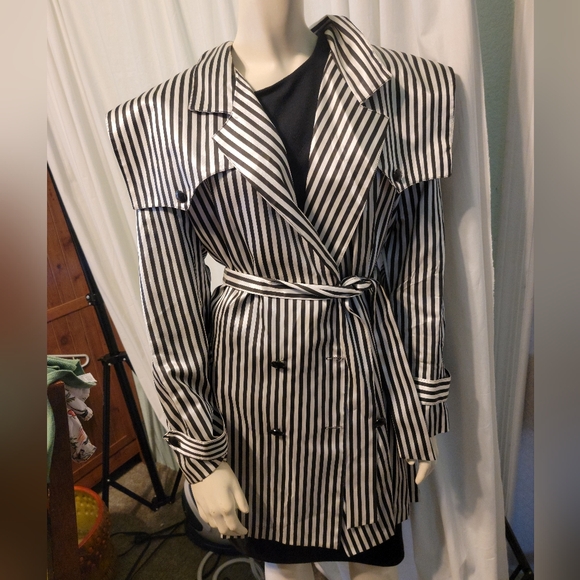 Vtg 90's Tulipe Of California RARE Black & White Striped Double Breasted Coat M - Picture 7 of 13